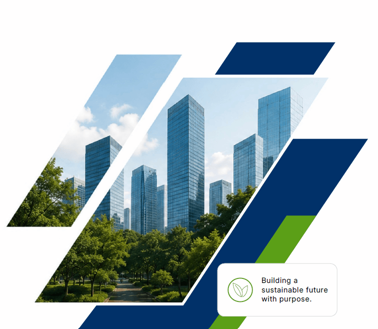 Modern glass office towers set among green parkland, representing Vsolwit's sustainable growth